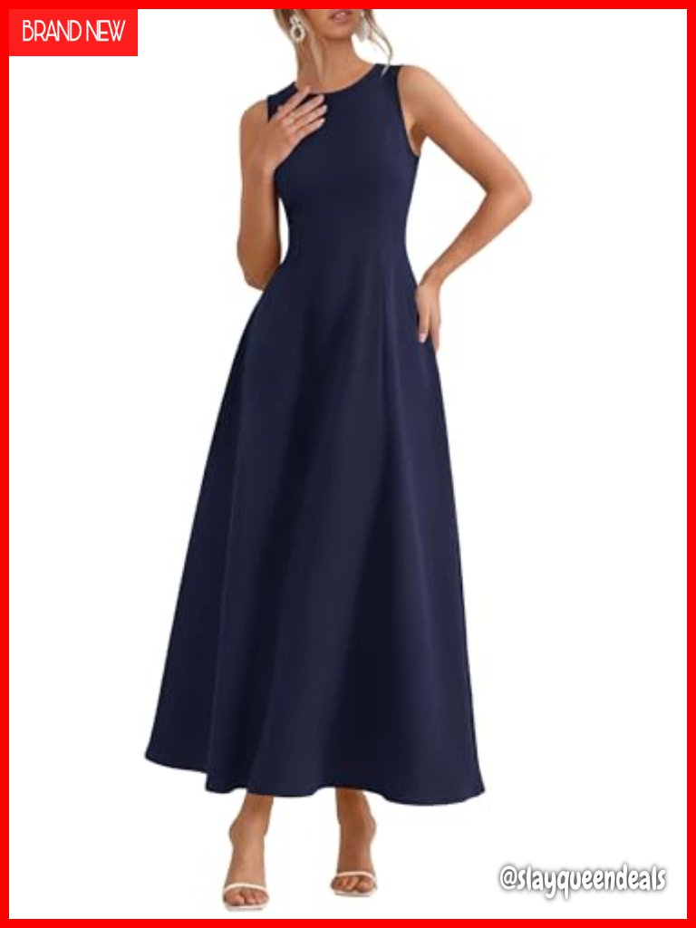 Sleeveless A-Line Maxi Dress With Pockets Stretch Knit Swing